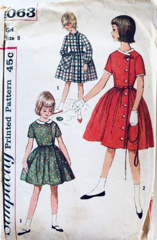 60s Girls Asymmetrical Button Front Fit N Flare Tween School Dress Vintage Sewing Pattern Simplicity 4063 Size 8