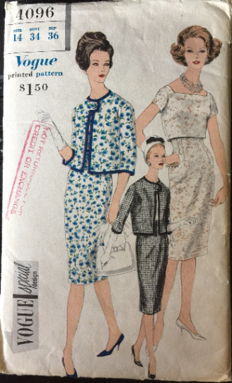 60s Womens Suit Square Neckline Sleeveless Sheath Dress w/ Cropped Bolero Jacket Vintage Sewing Pattern Vogue 4096 B34