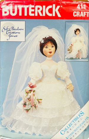 80s Bride Doll Wedding Bridal Dolls Centerpiece Idea Sof-Porcelain Creations Vintage Sewing Pattern Butterick 411