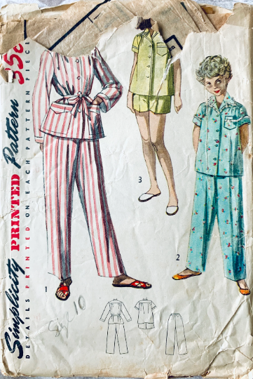 50s Girls 2 Piece Pajamas Pants Kids Two Piece Pajama Vintage Sewing Pattern Simplicity 1431 Size 10