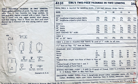 50s Girls 2 Piece Pajamas Pants Kids Two Piece Pajama Vintage Sewing Pattern Simplicity 1431 Size 10