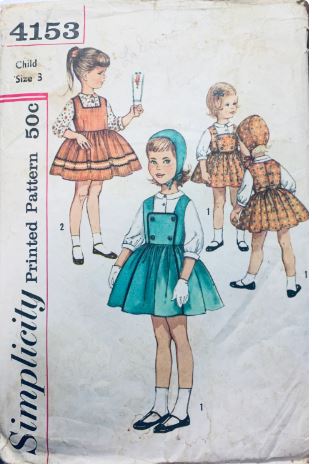 Toddler Girls Pinafore Jumper Dress Full Skirt w/ Button Front Blouse Square Neckline Matching Hat Toddler Vintage Sewing Pattern Simplicity 4153 Size 3