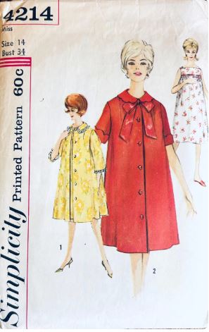 50s Womens Nightgown & Robe Peignoir Set Short Night Gown Button Front Bathrobe Vintage Sewing Pattern Simplicity 4214 B34