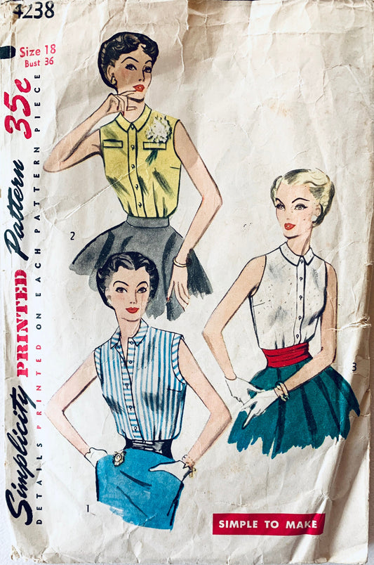 50s Classic Button Front Womens Shirt Square Collar Sleeveless Summer Blouse Simplicity 4238 B36