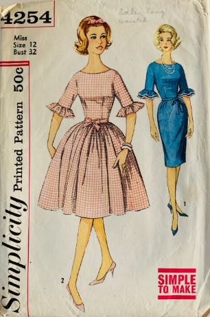 60s Fit N Flare or Fitted Sheath Dress w/ Flounced Sleeve Easy Petite Vintage Sewing Pattern Simplicity 4254 B32