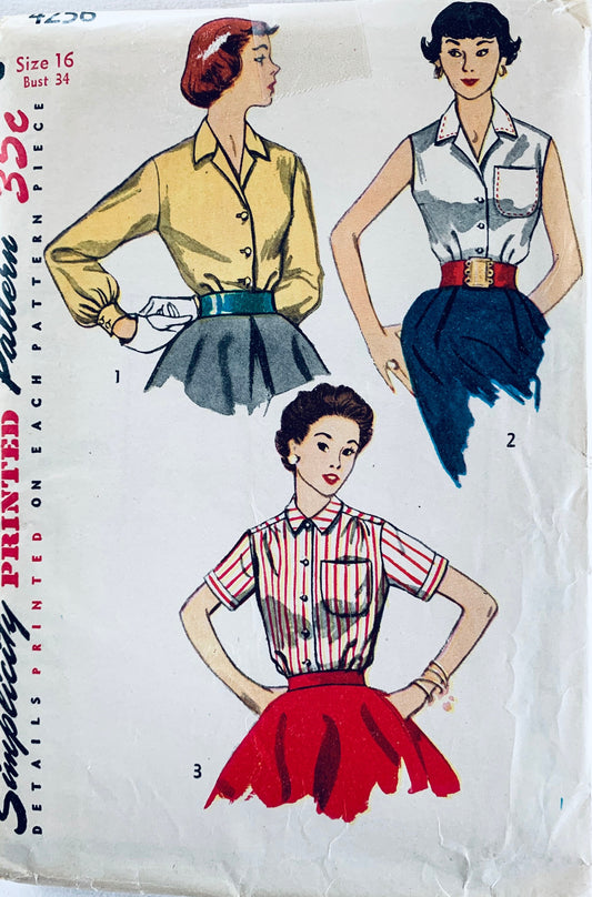 50s Classic Button Front Womens Shirt Pointed Collar Sleeveless Summer Blouse Simplicity 4256 B34
