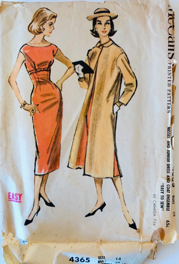 50s Fitted Sheath Dress w/ Matching Spring Coat Petite Easy Wounded Bird Vintage Sewing Pattern McCalls 4365 B34