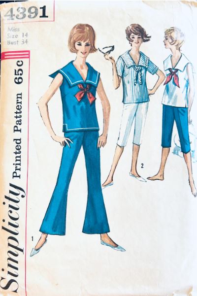 60s Womens Nautical Shirt Middy Sailor Top & Flared Pants Vintage Sewing Pattern Simplicity 4391 B34