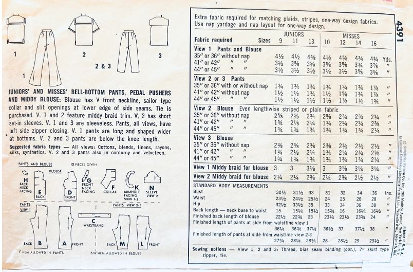 60s Womens Nautical Shirt Middy Sailor Top & Flared Pants Vintage Sewing Pattern Simplicity 4391 B34