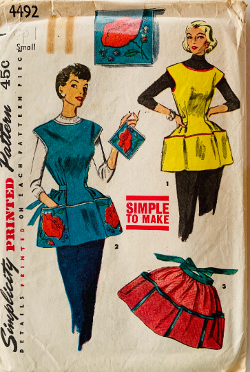 50s Cobbler Apron w/ Multiple Pockets Half Aprons Easy Vintage Sewing Pattern Simplicity 4492 S