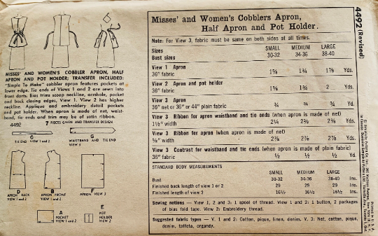 50s Cobbler Apron w/ Multiple Pockets Half Aprons Easy Vintage Sewing Pattern Simplicity 4492 S