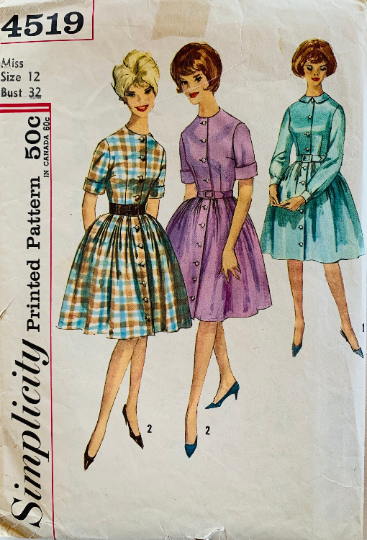 60s Button Front Fit N Flare Shirtwaist Dress Lucy Style Vintage Petite Sewing Pattern Simplicity 4519 B32