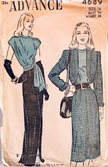 40s Evening Maxi Skirt w/ Hip Sash Cap Sleeve Blouse & Cropped Bolero Jacket Vintage Sewing Pattern Advance 4689 B34