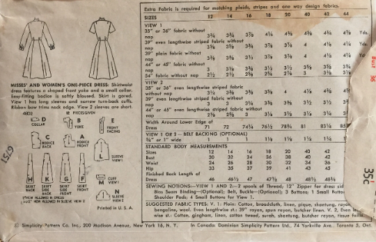 50s Shirtwaist Dress Fit N Flare w/ Shaped Yoke Vintage Sewing Pattern Simplicity 4802 B36