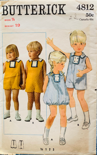 Infant Bubble Hem Romper Playsuit Sunsuit Play Suit Sun Suit Brother Sister Baby Vintage Sewing Pattern Butterick 4812 Size 6 Months