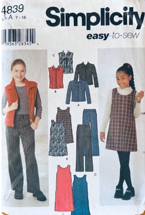 Girls Wardrobe Pants Vest Jacket Pants Jumper Dress Childrens Clothing Pattern Simplicity 4839 Size 7-16