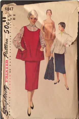 50s A Maternity Sleeveless Tent Top w/ Pockets Button Front Classic Blouse & Matching Skirt Womens Suit Petite Vintage Sewing Pattern Simplicity 4847 B32