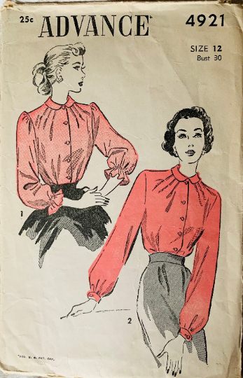 40s Starburst Seam Blouse Button Front w/ Long Bishop or Three Quarter Ruffled Sleeves Petite Vintage Sewing Pattern Advance 4921 B30
