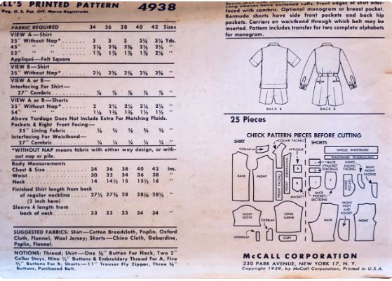 Men's Shorts & Short Sleeve Sport Shirt Long Sleeve Dress Shirt 50s Sewing Pattern McCalls 4938 Chest 38