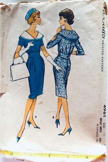 50s Sheath Dress w/ Portrait Neckline & Inset Waist Vintage Sewing Pattern McCalls 4961 B36