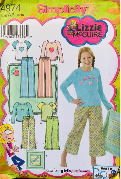 Girls 2 Piece Pajama Set Pajamas Pants PJs Lizzie Maguire Kids Easy Sewing Pattern Simplicity 4974 Size 8-16