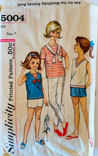 Girls Sailor Top Nautical Middy Blouse & Skinny Pants Shorts Vintage Sewing Pattern Simplicity 5004 Size 7