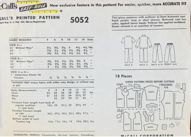 50s Boys Kids 2 Piece Pajama Set Sleepwear Pajamas Vintage Sewing Pattern McCalls 5052 Size 10