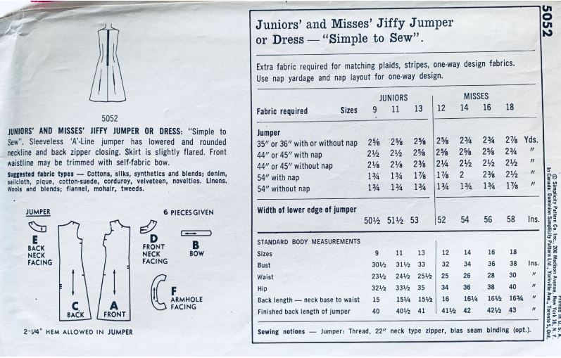 60s A Line Dress Jiffy Patterns Sleeveless Jumper Dresses EASY Petite Vintage Sewing Pattern Simplicity 5052 B32