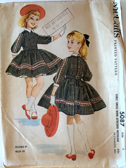 Classic Girls Full Skirt Party School Dress w/ Rick Rack Trim & Attached Petticoat by Designer Helen Lee Vintage Sewing Pattern McCalls 5087 Size 6