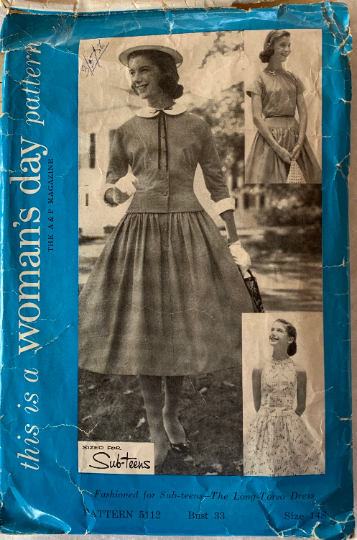 Drop Waist Full Skirt Sleeveless Day Dress w/ Peter Pan Collar Wasp Waist Jacket Juniors Sewing Pattern Womans Day 5112 B33