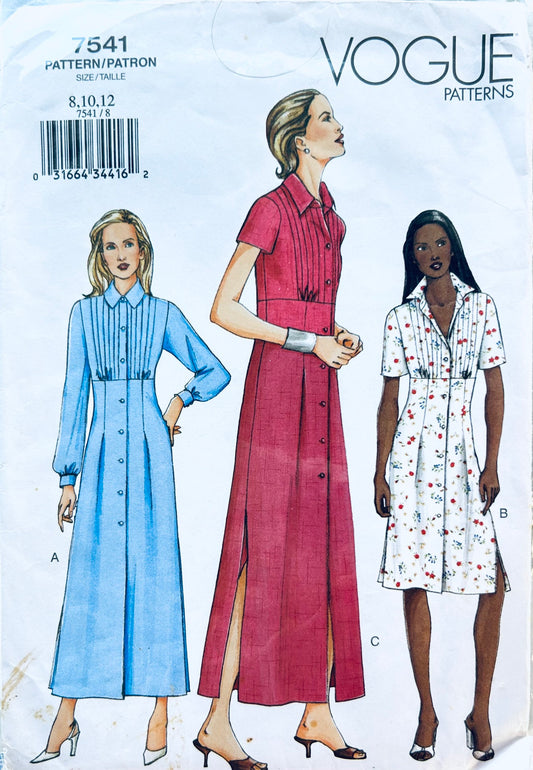 00s Empire Waist Pintuck Bodice Dress w/ Side Slits Button Front Tea Length or Knee Length Petite Vintage Sewing Pattern Vogue 7541 8 10 12