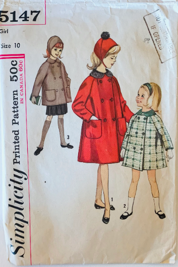 60s Girls Tween Trapeze Coat Double Breasted w/ Peter Pan Collar & Matching Fitted Hat Millinery Vintage Sewing Pattern 5147 Size 10