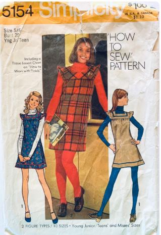 70s Juniors Mini Jumper Dress Flutter Sleeves A Line How to Sew Plaid Easy Petite Learn to Sew Vintage Sewing Pattern Simplicity 5154 B28
