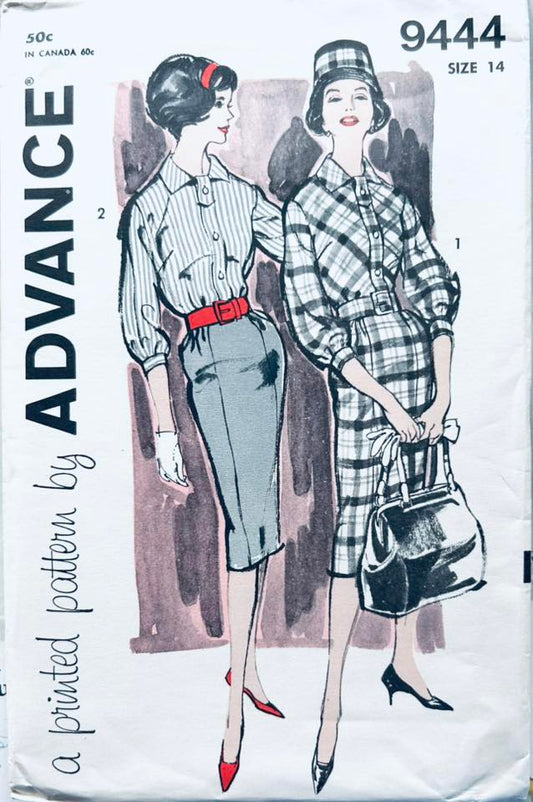 50s Womens Two Piece Dress Pencil Skirt Button Front Blouse Vintage Sewing Pattern Advance 9444 B34