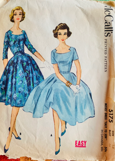 50s Misses Fit N Flare Cocktail Day Dress w/ Sharkbite Neckline Easy Sewing Pattern McCalls 5175 B36