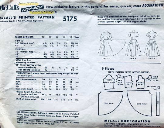 50s Misses Fit N Flare Cocktail Day Dress w/ Sharkbite Neckline Easy Sewing Pattern McCalls 5175 B36