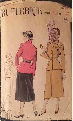 50s Wasp Waist Womens Suit Straight Midi Skirt Cinched Waist Wing Collar  Blazer Jacket with Faux Pocket Detail Petite Vintage Sewing Pattern Butterick 5201 B30