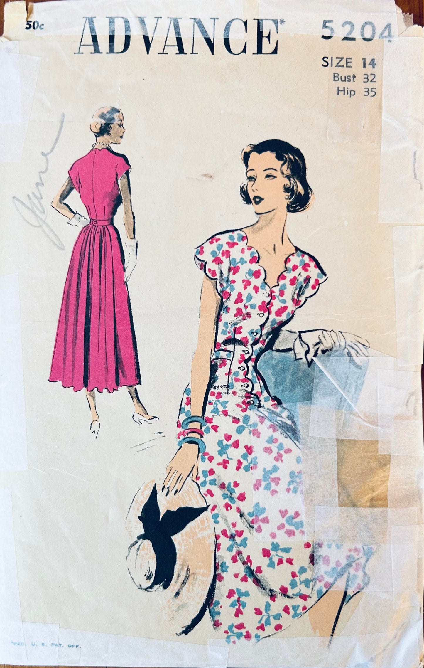 50s Scalloped Shirtwaist Dress w/ Fishtail Hem Cap Sleeves Petite Sewing Pattern Advance 5204 B32