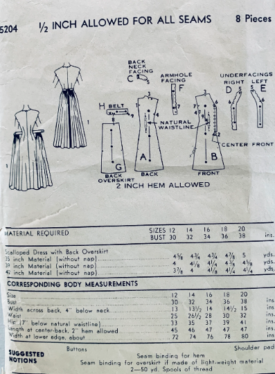 50s Scalloped Shirtwaist Dress w/ Fishtail Hem Cap Sleeves Petite Sewing Pattern Advance 5204 B32
