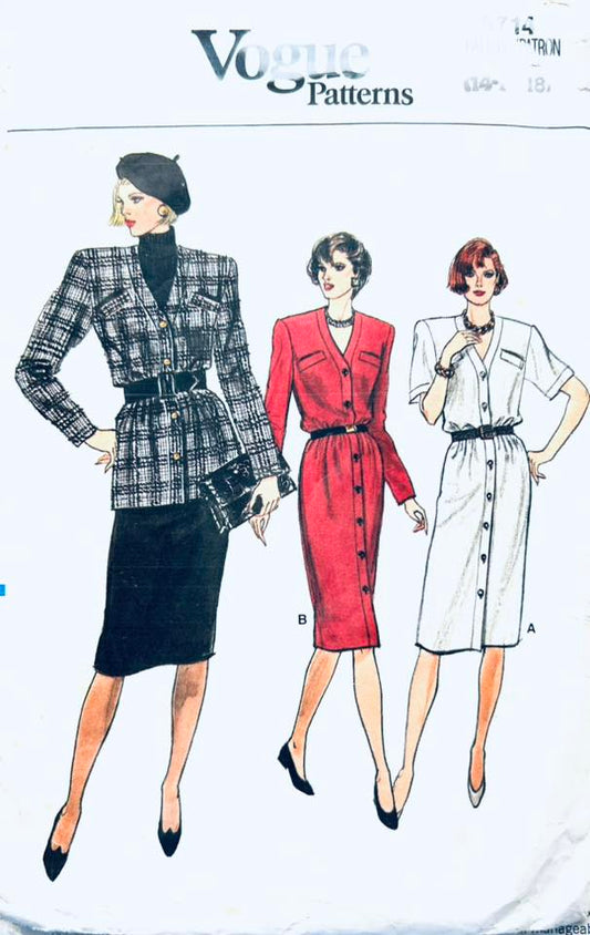 80s Button Front V Neck Dress or Power Suit Jacket w/ Fitted Skirt Vintage Plus Size Sewing Pattern Vogue 9714 14 16 18