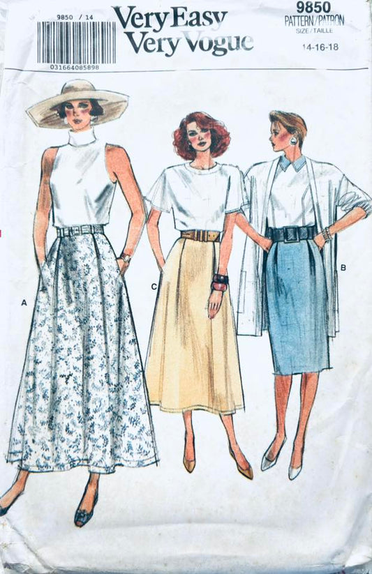 80s Misses Midi or Knee Length Skirt w/ Pockets Plus Size Easy Vintage Sewing Pattern Vogue 9850 14 16 18