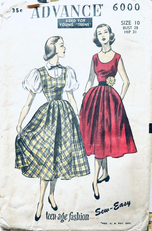 40s Sleeveless Jumper Dress w/ Scoop Neckline & Puff Sleeve Blouse Fit N Flare Dresses Juniors Advance 6000 B28