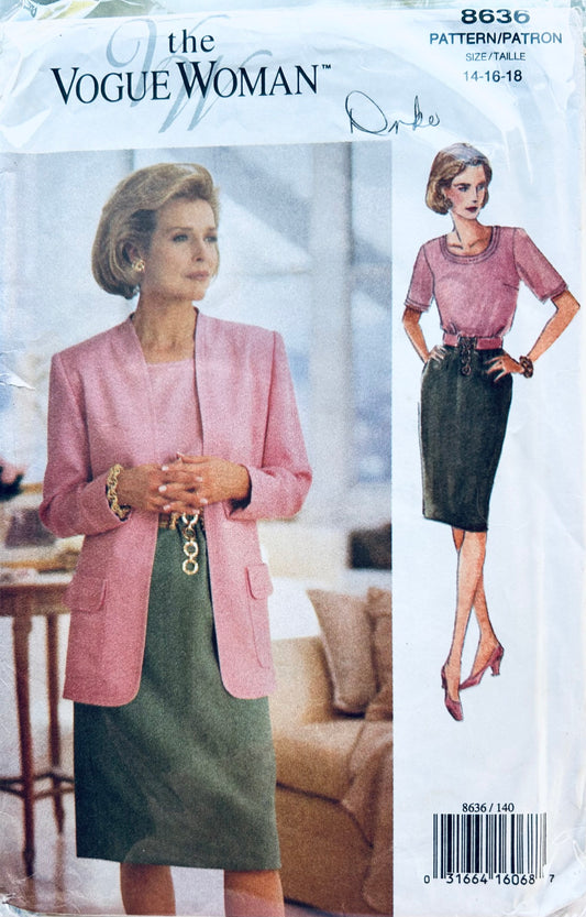 90s Womens Suit w/ Curved Seam Jacket Blouse & Tapered Skirt Plus Size Easy Sewing Pattern Butterick 8636 14 16 18