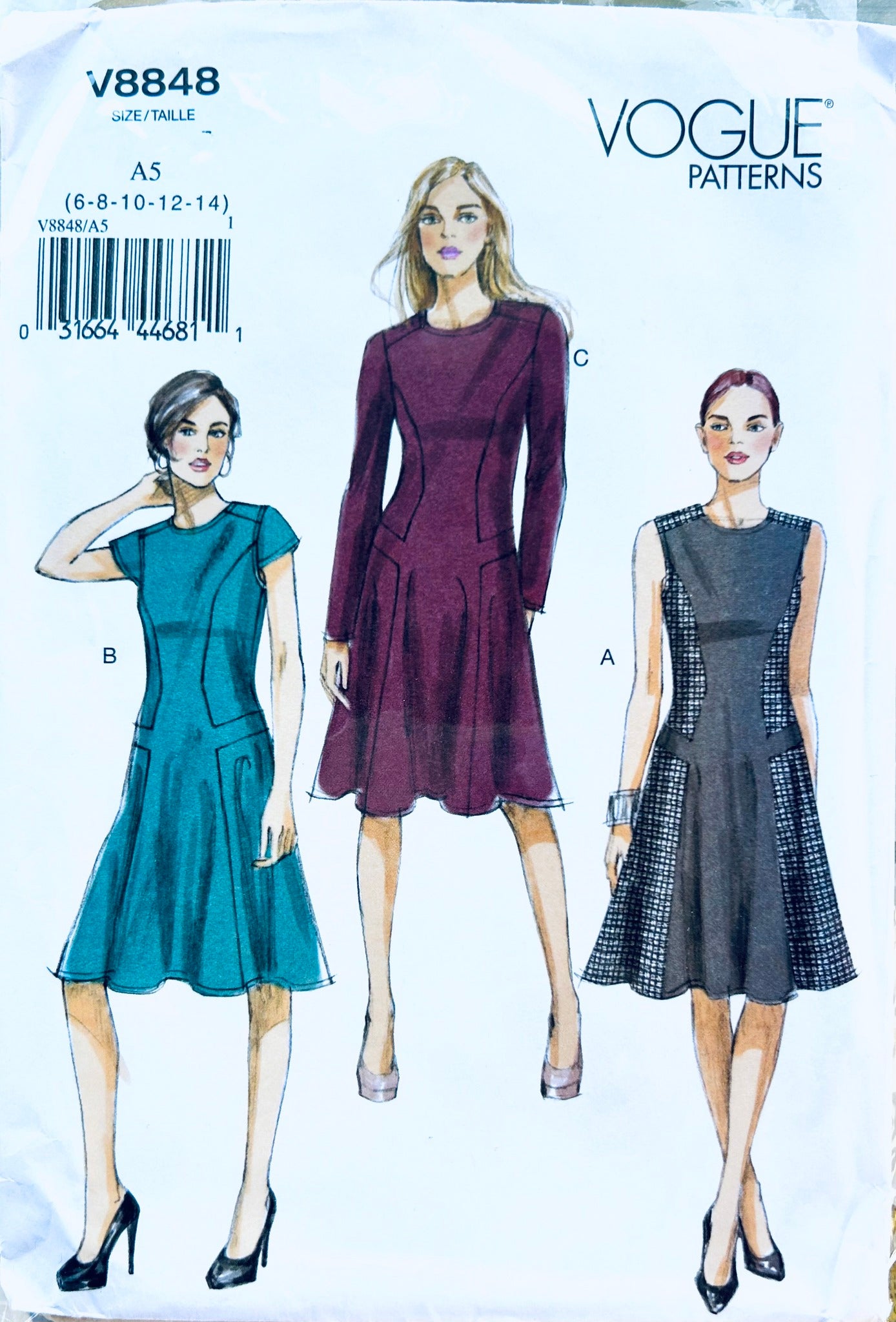 2010s Princess Seam A Line Dress w/ Geometric Seams & Flared Skirt Sleeve Variations Sleeveless Dresses Sewing Pattern Vogue 8848 B30-36