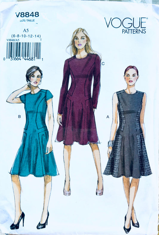 2010s Princess Seam A Line Dress w/ Geometric Seams & Flared Skirt Sleeve Variations Sleeveless Dresses Sewing Pattern Vogue 8848 B30-36