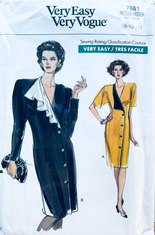 80s Princess Seam Asymmetrical Button Front Dress w/ Flounce Easy Petite Vintage Sewing Pattern Vogue 7661 8 10 12