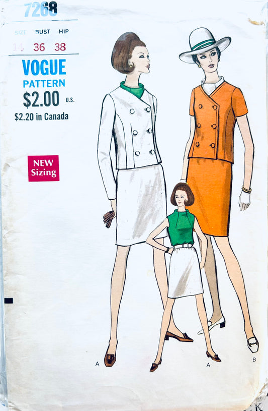 60s Double Breasted Cropped Boxy Princess Seam Womens Suit w/ Sleeveless Top & Funnel Collar Vintage Sewing Pattern Vogue 7268 B36