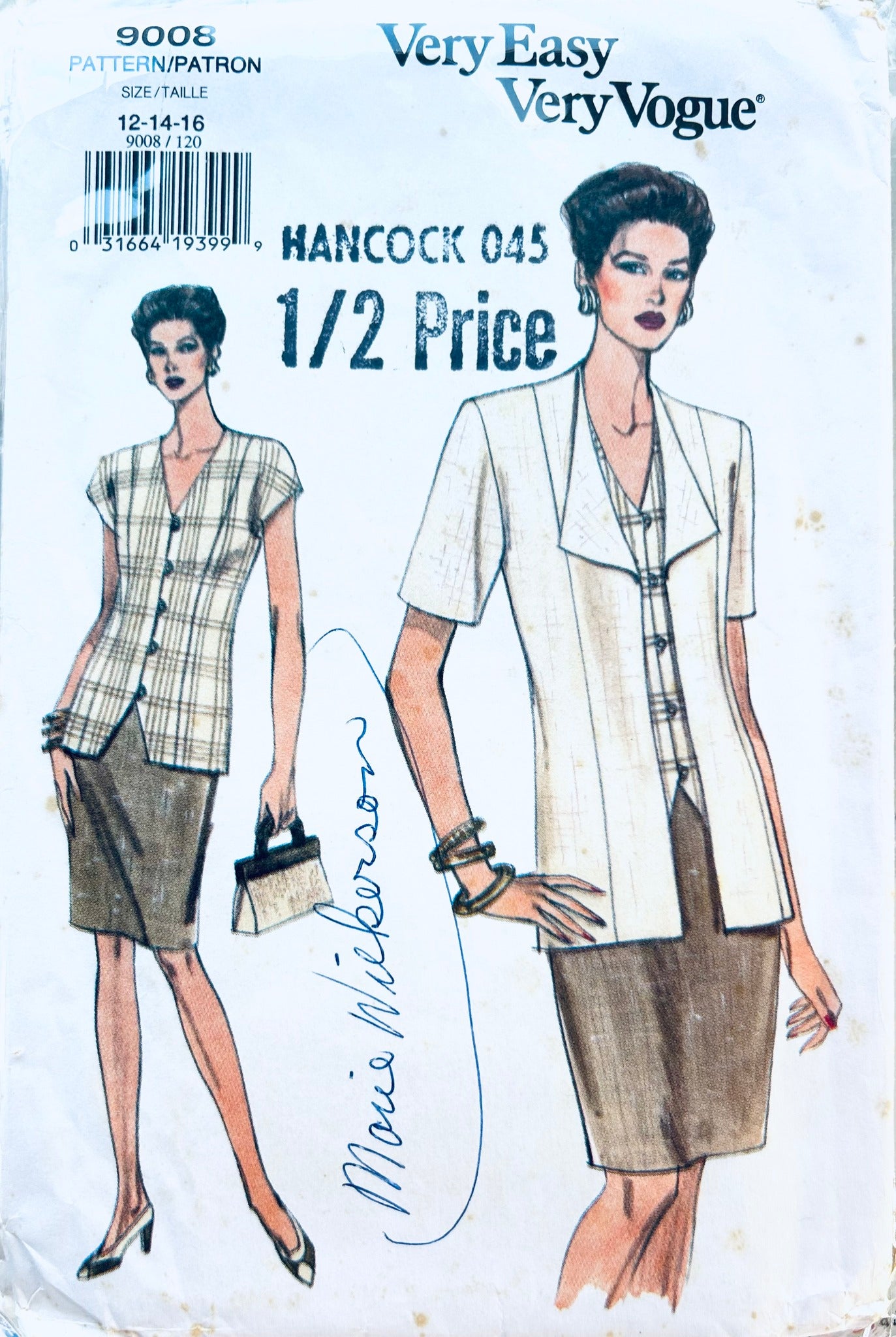 90s Womens Summer Suit w/ Long Button Down Top Knee Length Pencil Skirt & Unlined Jacket Easy Vintage Plus Size Sewing Pattern Vogue 9008 12 14 16