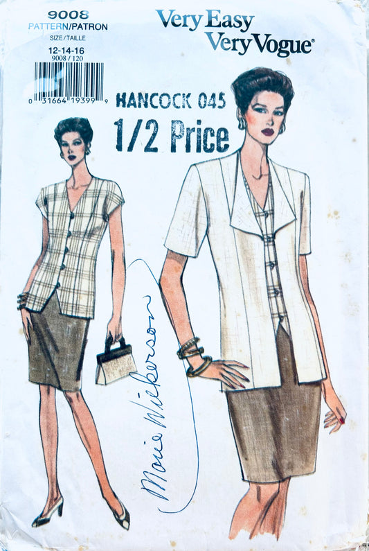 90s Womens Summer Suit w/ Long Button Down Top Knee Length Pencil Skirt & Unlined Jacket Easy Vintage Plus Size Sewing Pattern Vogue 9008 12 14 16