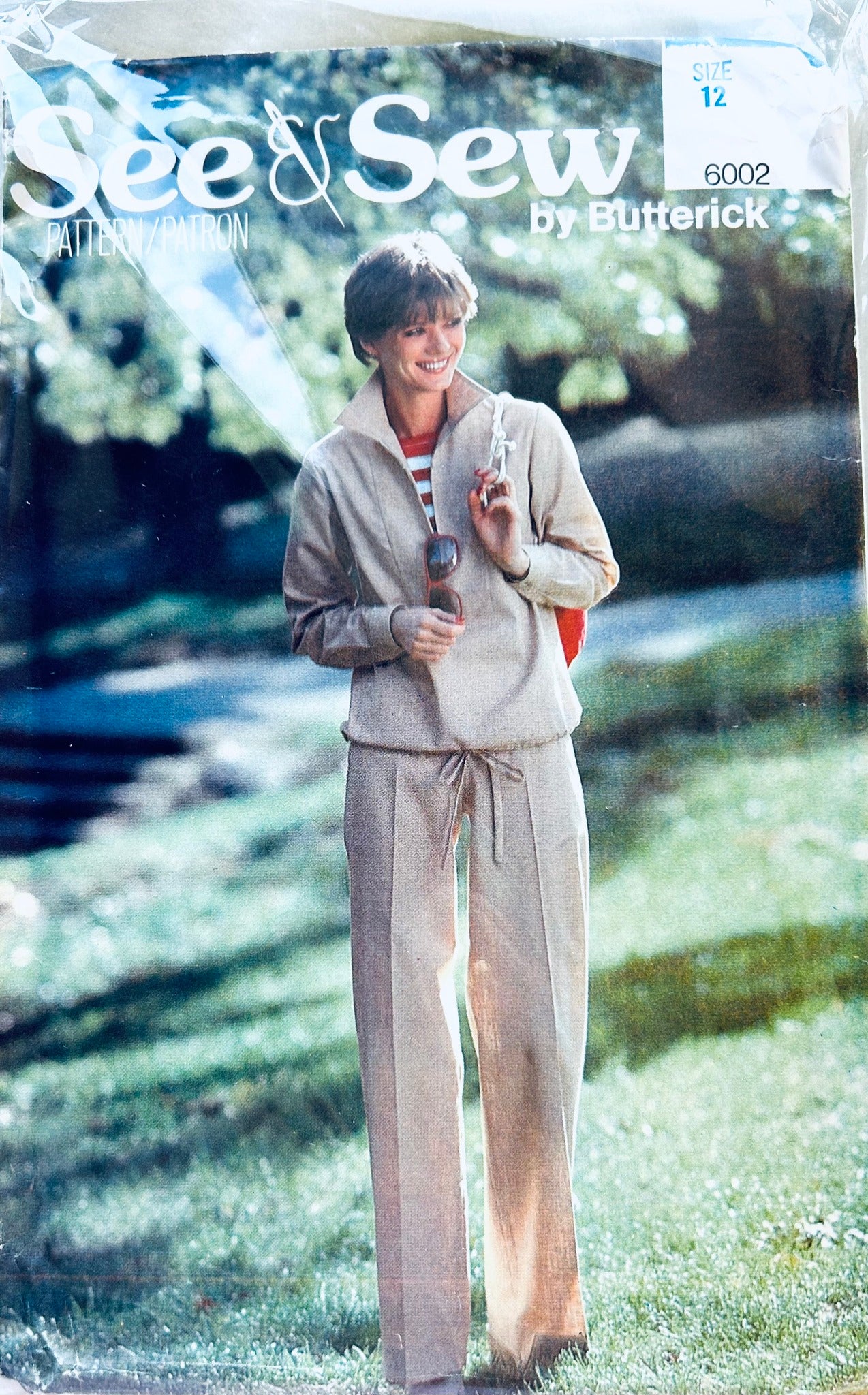 80s Blouson Pullover Tie Front Top w/ Wing Collar & Straight Leg Pants Vintage Sewing Pattern Butterick 6002